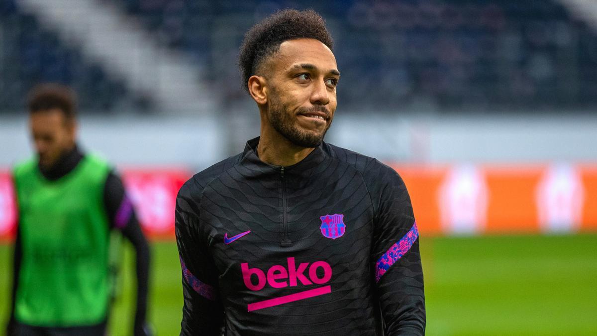 Pierre-Emerick Aubameyang, durante el entrenamiento previo al Eintracht Frankfurt-Barça