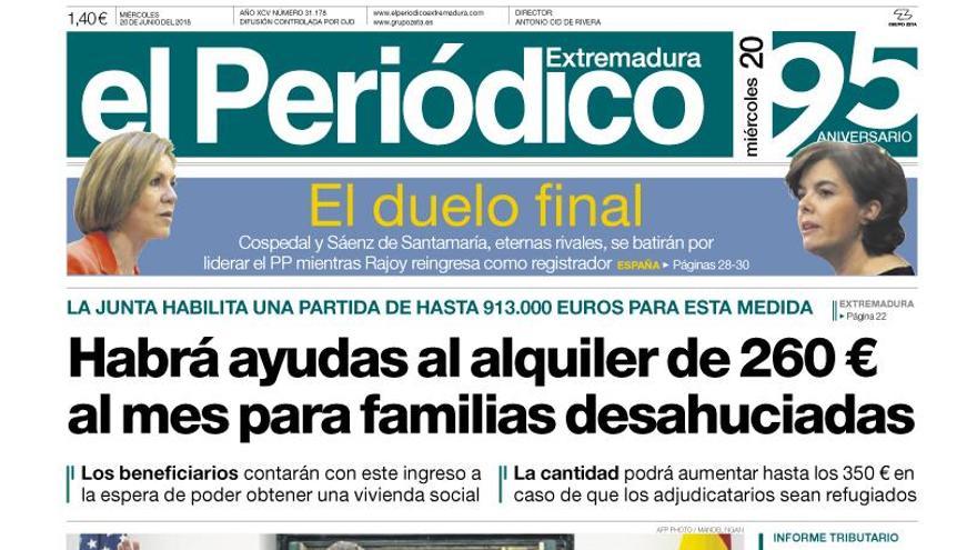 Esta es la portada de EL PERIÓDICO EXTREMADURA correspondiente al día 20 de junio del 2018