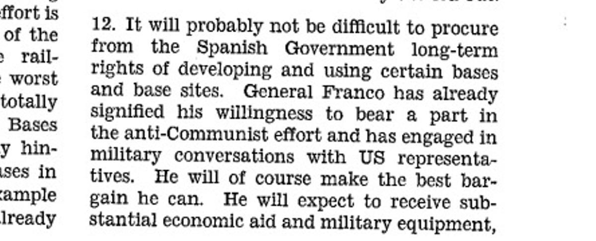 Una estimación de la CIA veía el camino despejado para conseguir del gobierno español derechos duraderos de desarrollo y uso de ciertas bases.