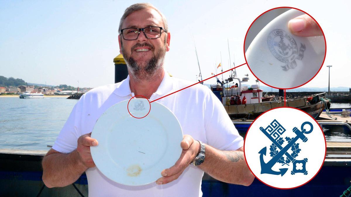 El patrón Eligio Ferradás muestra un plato con el logo de Norddeutscher Lloyd.