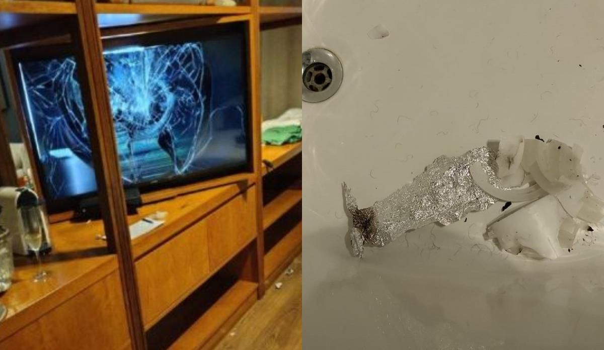 La televisión rota de la habitación de Liam Payne, y el papel de aluminio en su lavabo