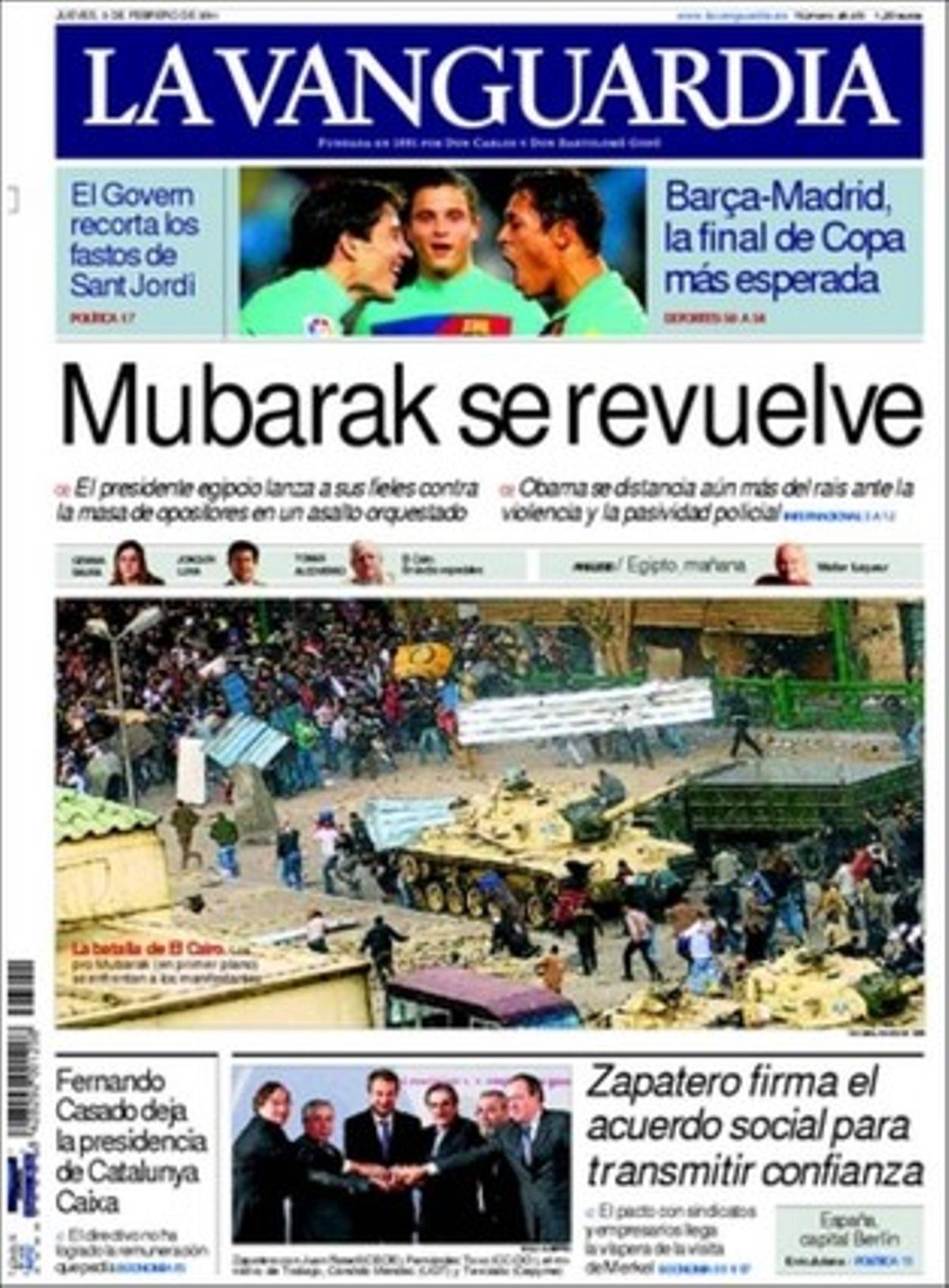 ’La Vanguardia’ dóna rellevància en pàgines interiors al fet que el Govern preveu un 10% més d’ingressos amb taxes universitàries i revisant els beneficis fiscals en la compra de la vivenda i que retallarà les despeses de Sant Jordi. Que Trinidad Jiménez suggereix al Marroc que acceleri la seva democratització. Que la Conselleria de Salut va suspendre les bombes d’insulina i després va rectificar. Que Tura replica a Hereu que viu de lloguer a Barcelona; que el Barça transformarà La Masia en restaurant, i que Fernando Casado deixarà la presidència de Catalunya Caixa.