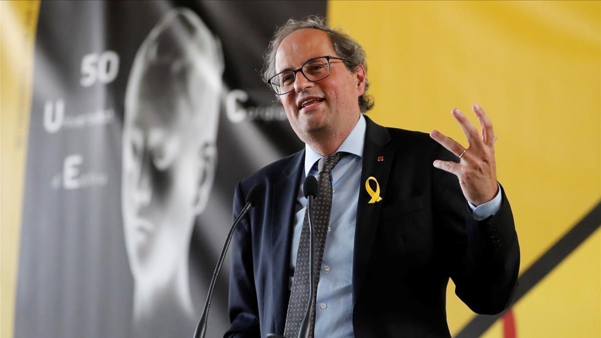 Quim Torra, durante la clausura de la Universitat Catalana d'Estiu, el pasado 23 de agosto, en Prada de Conflent, en Francia.