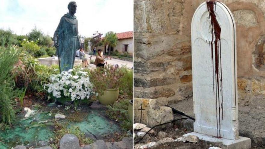 Estatuas y tumbas, en el exterior de la basílica de la misión de Carmel, se vieron derribadas o pintadas.