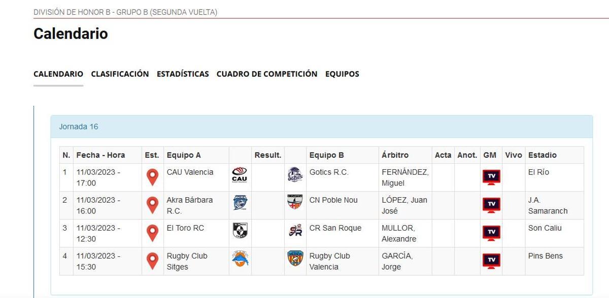 Horarios y enfrentamientos de la Jornada 16 del Grupo B de la División de Honor B de rugby.