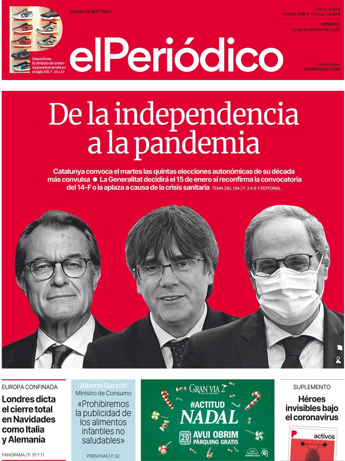 La portada d’EL PERIÓDICO del 20 de desembre del 2020