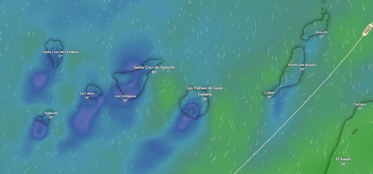 Pronóstico del tiempo de Windy.com para las 13.00 horas del lunes 9 de febrero de 2026 en Canarias y oeste de Marruecos