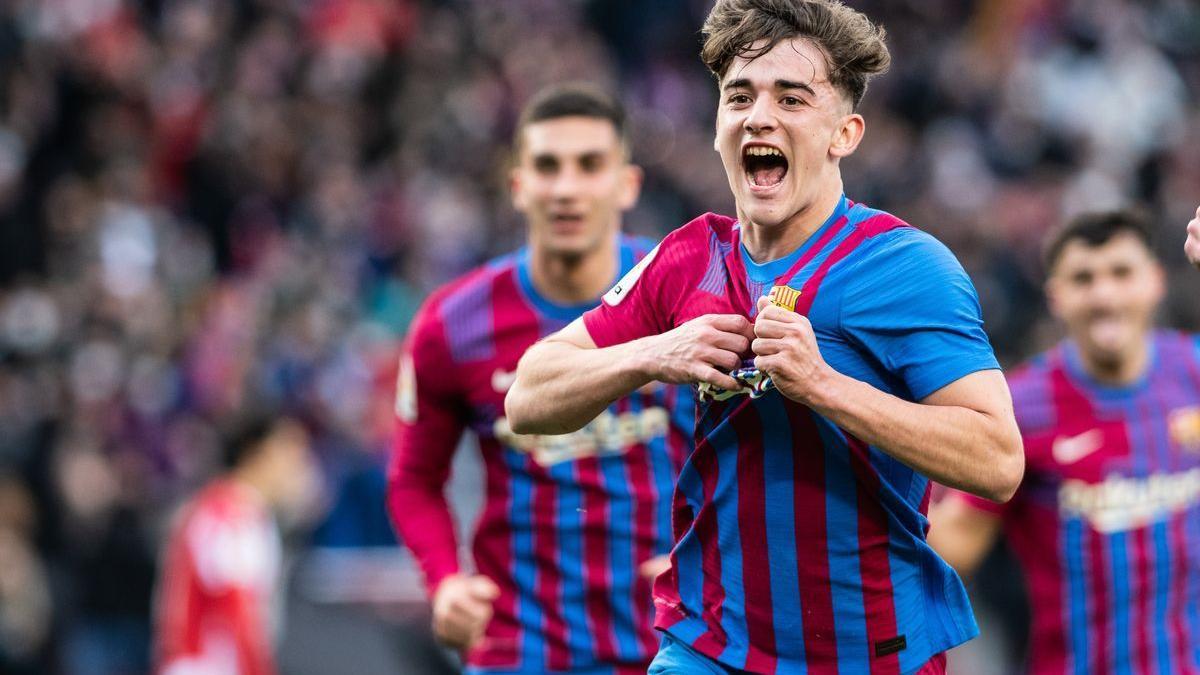 Gavi celebra el gol que marcó al Atlético en a Liga pasada.