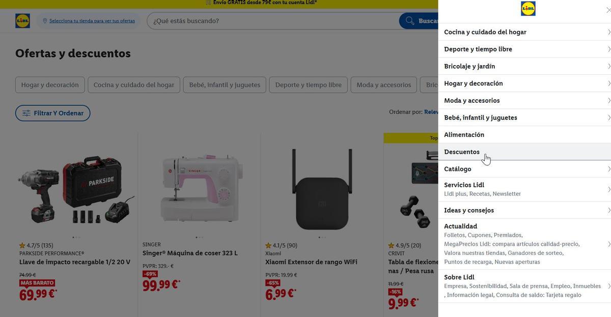 Aunque no es descrita bajo el término 'outlet', los productos rebajados pueden encontrarse dentro de la sección 'descuentos'