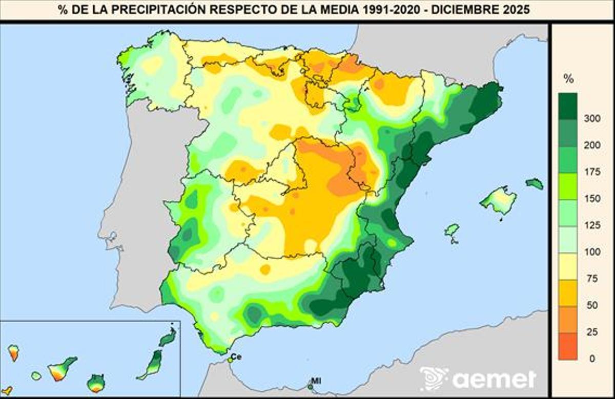 Mapa de variación de precipitación en diciembre respecto a lo normal.