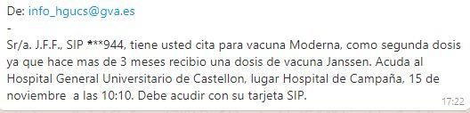 Este es el mensaje que llegará a los casi 37.000 castellonenses que fueron vacunados con Janssen.