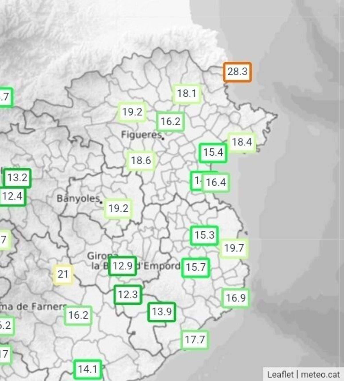 Mapa de temperatures de Meteocat a les comarques gironines, amb el registre de Portbou-coll dels Belitres destacat per sobre dels 28 graus a primera hora del matí.