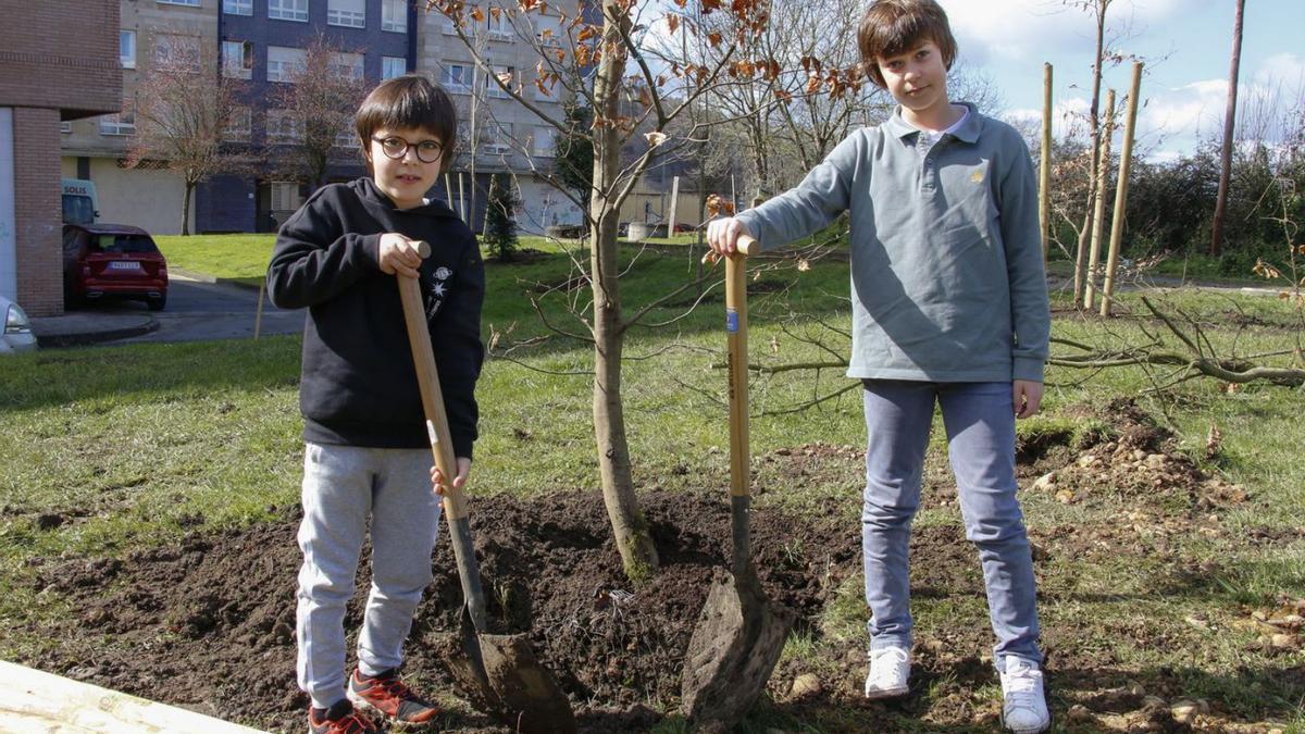 Pablo y Gonzalo Gulias, durante la plantación de árboles del pasado sábado. | Pablo Solares