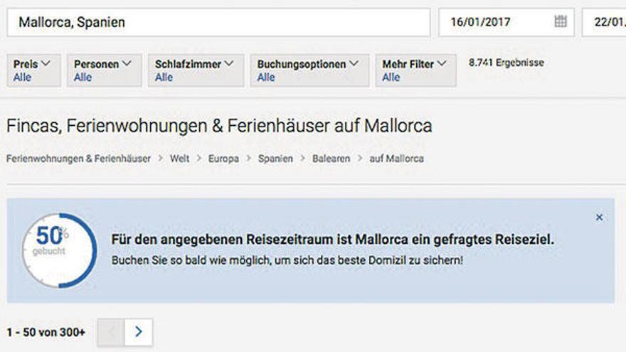 &quot;Gefragtes Reiseziel&quot; Mallorca: eine Seitenansicht auf dem Portal Fewo-direkt.de.