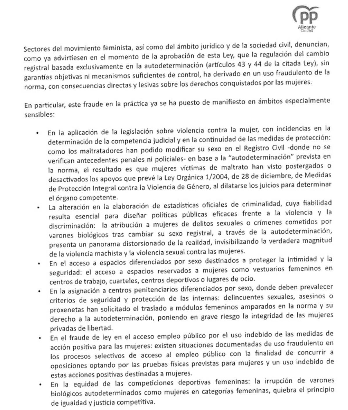 Parte de la declaración municipal presentada y posteriormente retirada por el PP en el Ayuntamiento de Alicante.