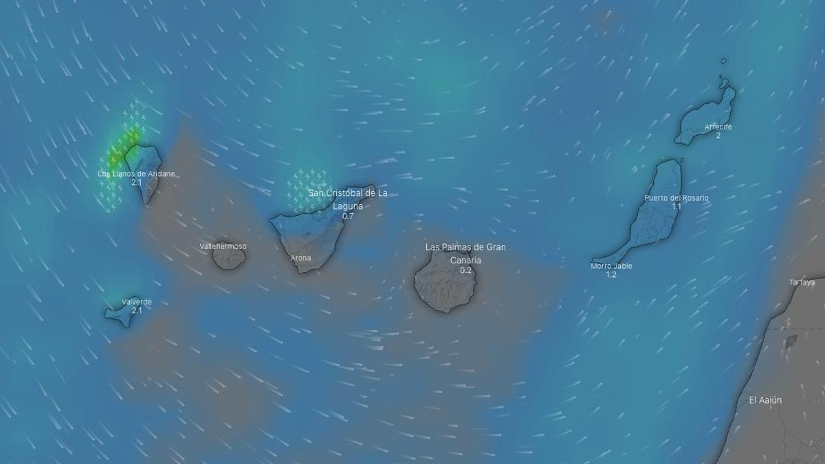 Mapa de predicción de lluvias y vientos en Canarias este día 25