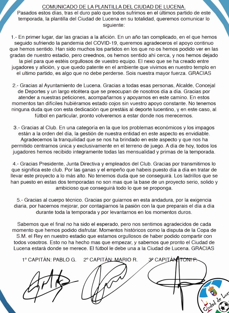 Carta de la plantilla del Ciudad de Lucena firmada por sus capitanes tras el final de la temporada 20-21.