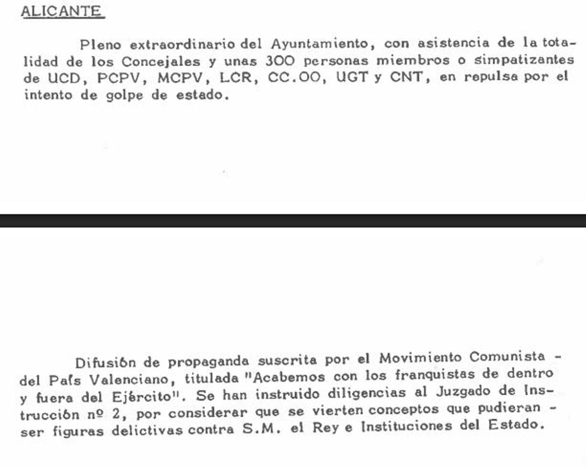 Referencia a Alicante en un documento desclasificado del 23-F.