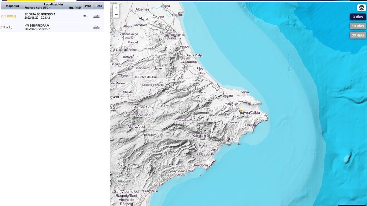 El visor de terremotos del Instituto Geográfico Nacional. El punto amarillo marca el seísmo localizado en Gata.