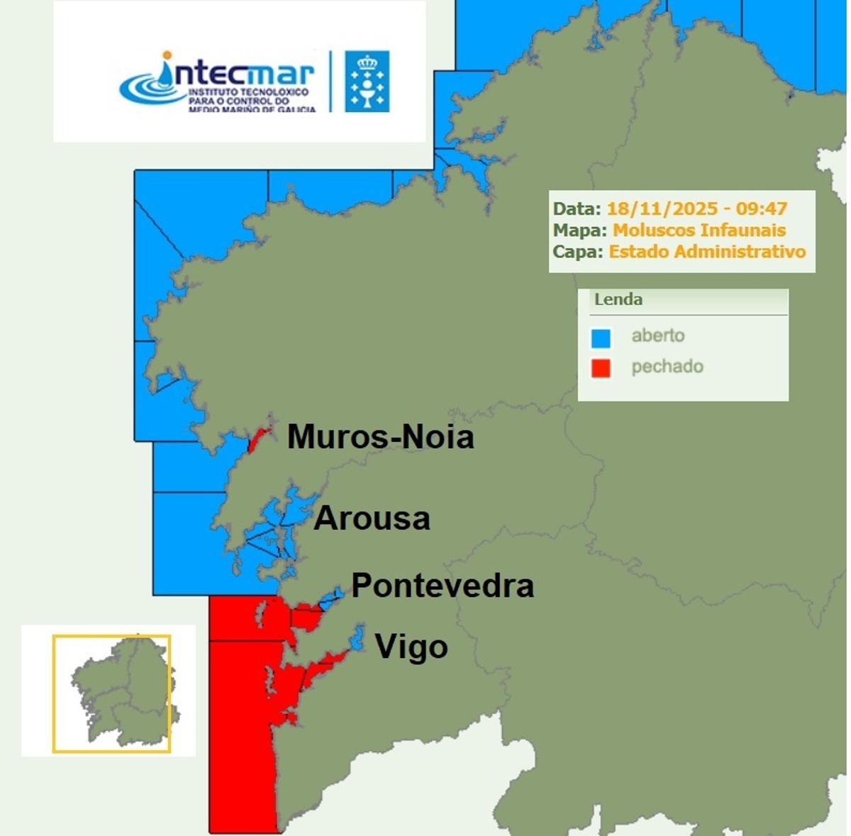 Mapa que muestra, en rojo, las zonas de infaunales afectadas por toxicidad.