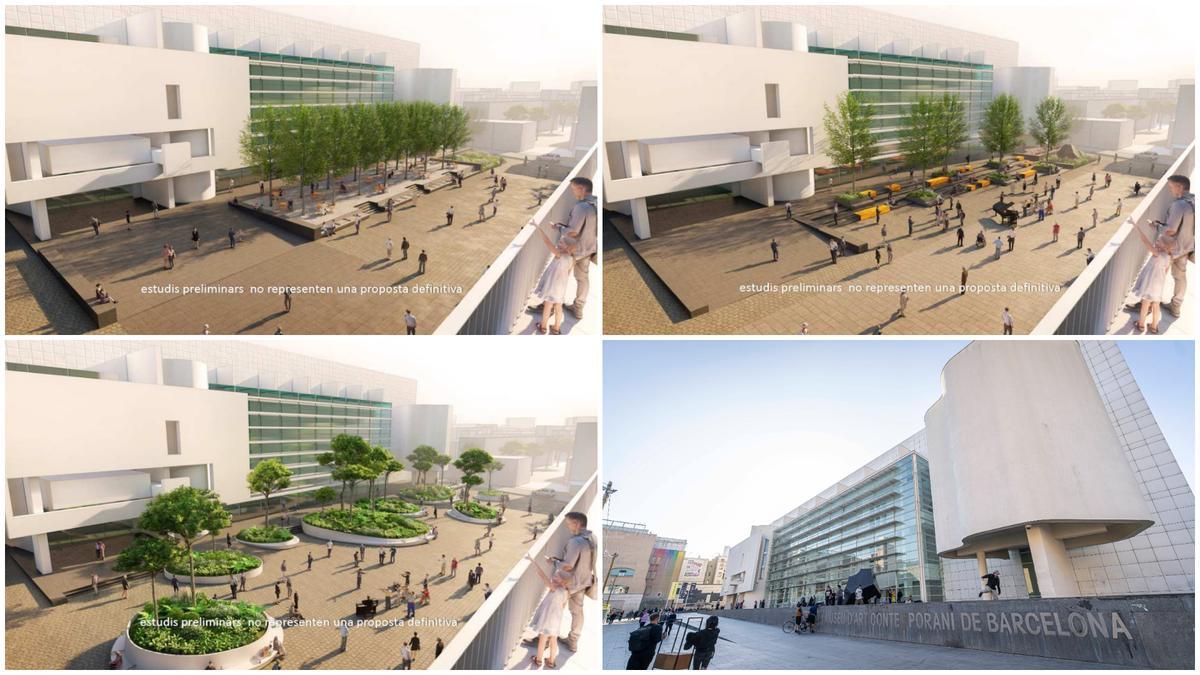 Tres renders de la plaza dels Ángels sin zócalo y vista actual del Edifici Meier del MACBA