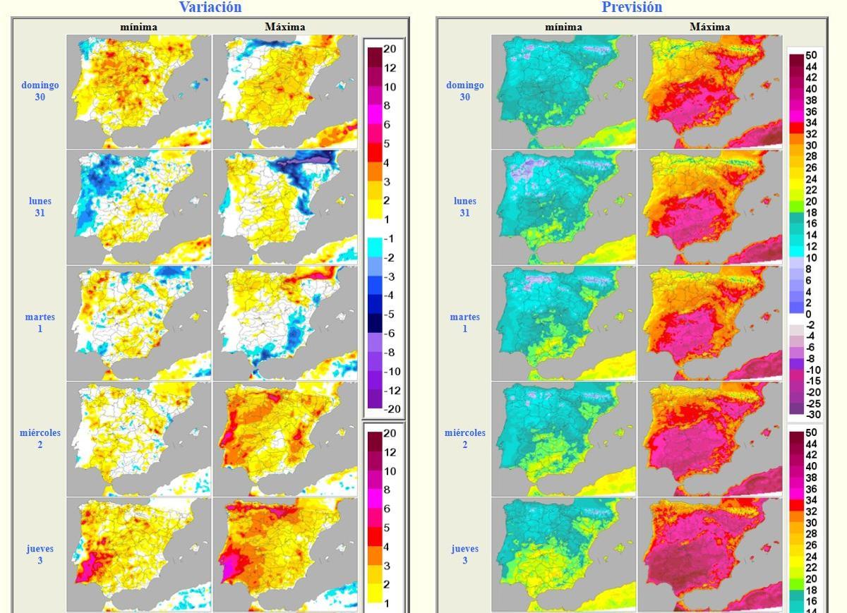 Variación y previsión de temperaturas hasta el jueves 3 de septiembre, en mapa elaborado por la Aemet.