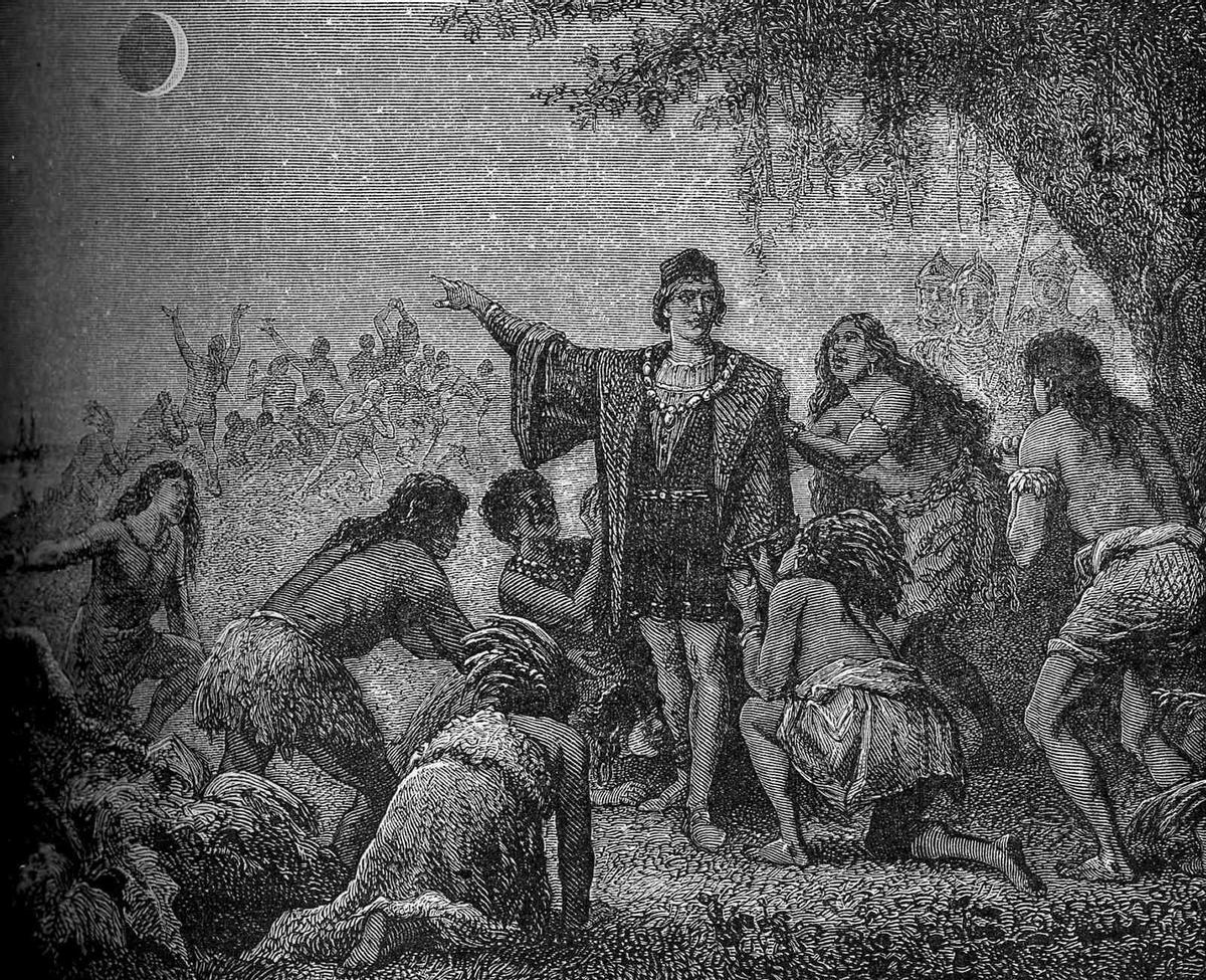 Cristóbal Colón muestra el eclipse a los indios taínos en un grabado francés de 1881.