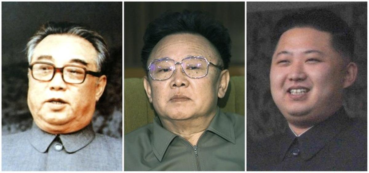 Els successius líders suprems nord-coreans Kim Il-sung, Kim Jong-il;i Kim Jong-un.