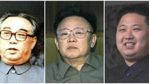 Els successius líders suprems nord-coreans Kim Il-sung, Kim Jong-il;i Kim Jong-un.