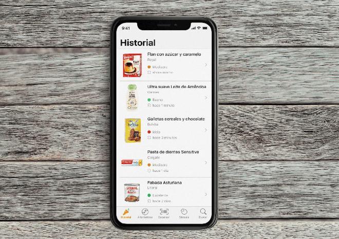 Sección 'historial' de la app para móvil Yuka