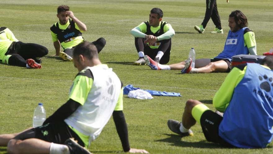 Los futbolistas del Elche estirando, durante el entrenamiento de este miércoles