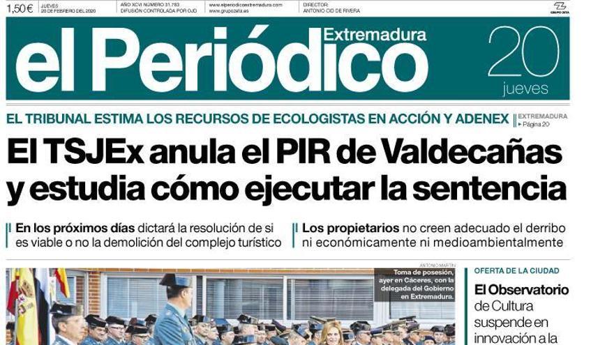 Esta es la portada de EL PERIÓDICO EXTREMADURA correspondiente al día 20 de febrero del 2020