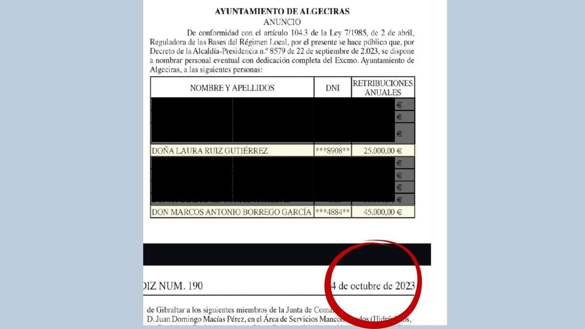 Sueldo de Laura Ruiz y Marcos Antonio Borrrego en el Ayuntamiento de Algeciras