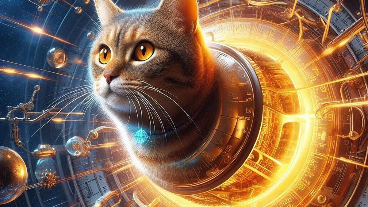 Recreación artística del imaginario gato de Schrödinger saliendo de un reloj atómico.