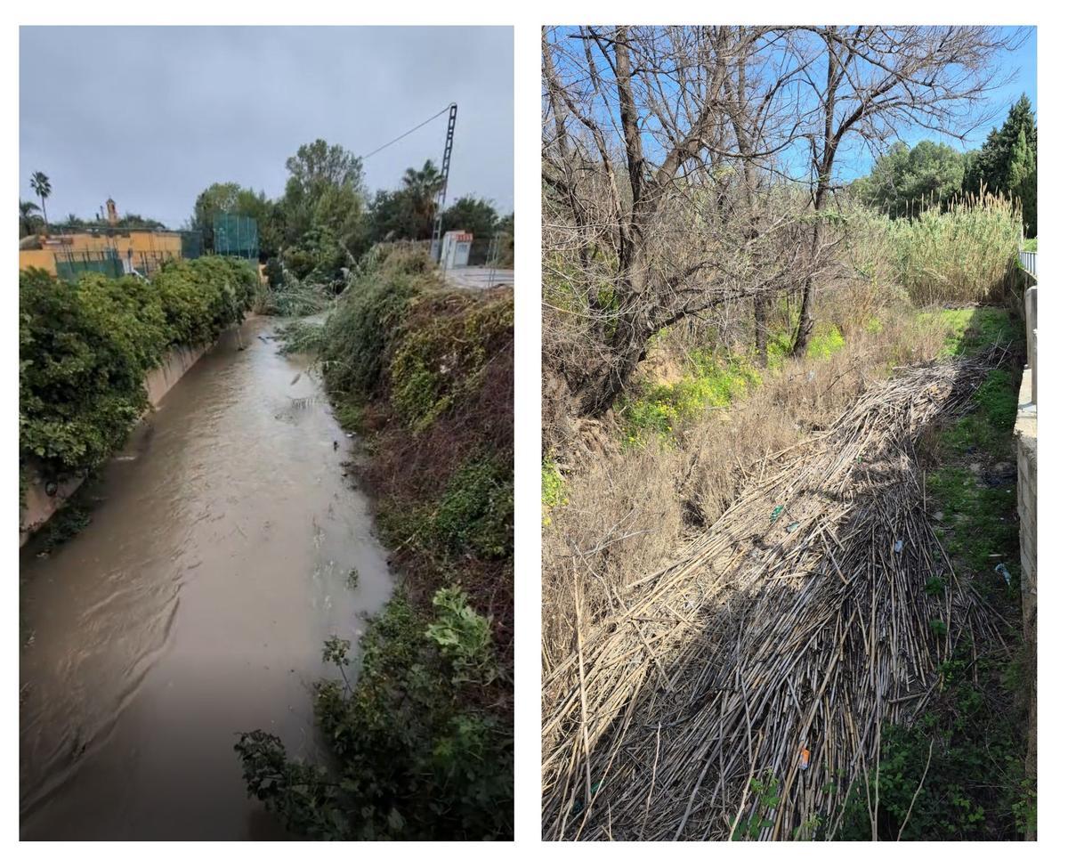 A la izquierda el barranco tras las lluvias de octubre y a la derecha con cañas.