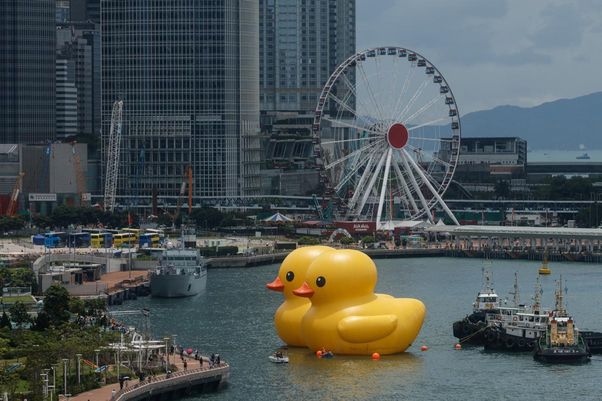 Los patos de goma del artista Florentijn Hofman, en el puerto de Hong Kong