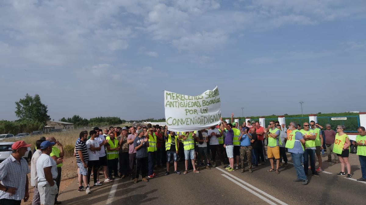 Jornaleros ocupan la carretera en la finca La Adelantada, de Badajoz.