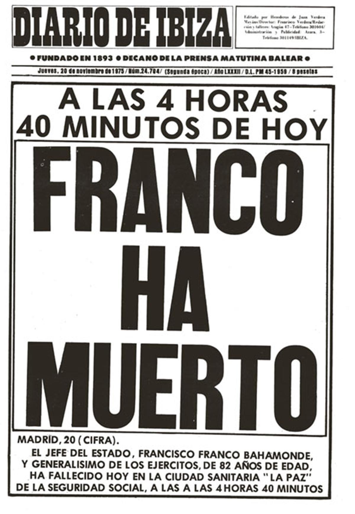 Portada de Diario de Ibiza, que fue cambiada casi al amanecer tras notificarse la muerte del dictador.