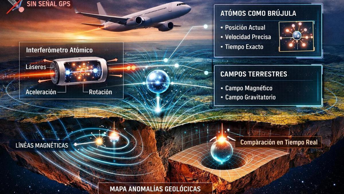 Infografía de navegación cuántica: un avión utiliza sensores basados en interferometría atómica y magnetómetros cuánticos para orientarse midiendo directamente los campos magnético y gravitatorio de la Tierra. Los átomos actúan como brújulas, y los datos se comparan en tiempo real con mapas de anomalías geológicas, permitiendo navegar sin depender de señales GPS.
