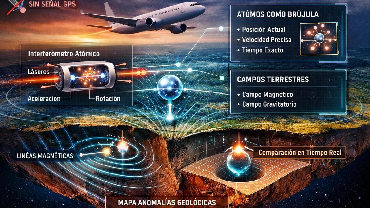 Infografía de navegación cuántica: un avión utiliza sensores basados en interferometría atómica y magnetómetros cuánticos para orientarse midiendo directamente los campos magnético y gravitatorio de la Tierra. Los átomos actúan como brújulas, y los datos se comparan en tiempo real con mapas de anomalías geológicas, permitiendo navegar sin depender de señales GPS.