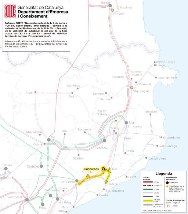 Mapa de l'alternativa 5, molt similar a la 4, però que preveu aixecar una nova línia de 132 kV que sortiria de la subestació de Sant Celoni i aniria fins a la de Riudarenes.