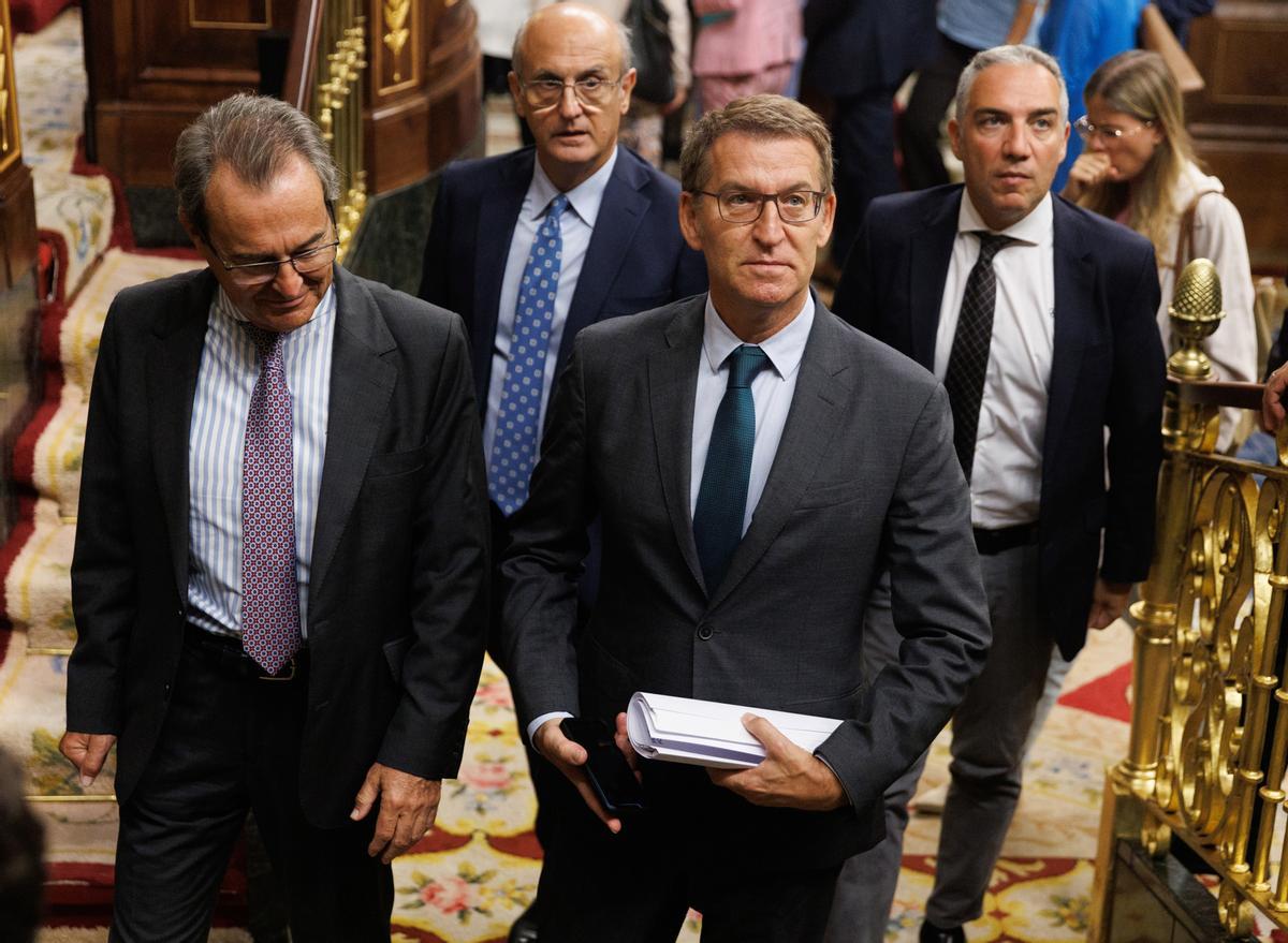 El presidente del PP, Alberto Núñez Feijóo (d), sale de una sesión plenaria, en el Congreso de los Diputados, a 21 de septiembre de 2023, en Madrid (España). Durante el Pleno de hoy se tramita en lectura única la reforma del Reglamento para permitir el us El presidente del PP, Alberto Núñez Feijóo (d), sale de una sesión plenaria, en el Congreso de los Diputados, a 21 de septiembre de 2023, en Madrid (España). Durante el Pleno de hoy se tramita en lectura única la reforma del Reglamento para permitir el us