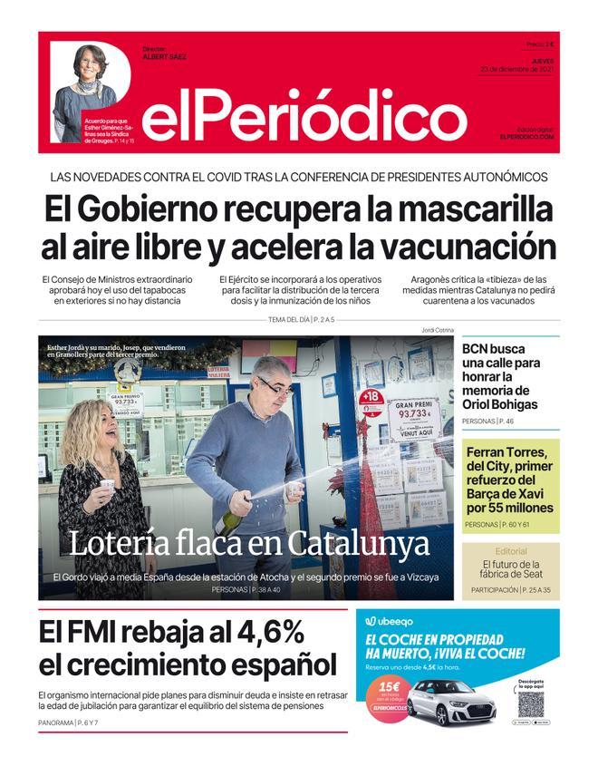 La portada d’EL PERIÓDICO del 23 de desembre del 2021