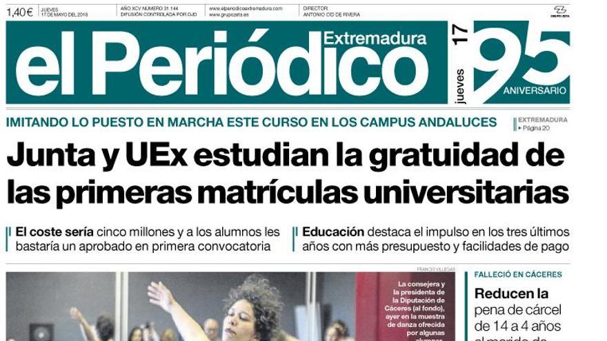 Esta es la portada de EL PERIÓDICO EXTREMADURA correspondiente al día 17 de mayo del 2018