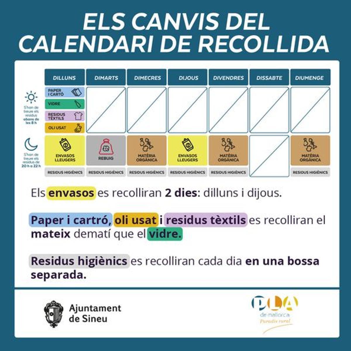 El nuevo calendario de recogida que ha distribuido el ayuntamiento de Sineu entre los vecinos.