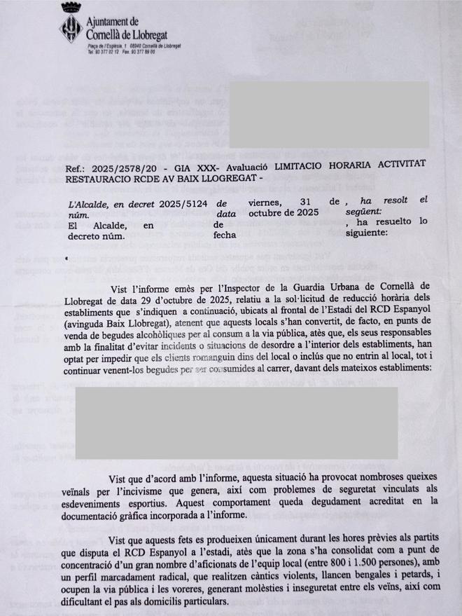 Carta enviada por el Ayuntamiento de Cornellà a los bares afectados