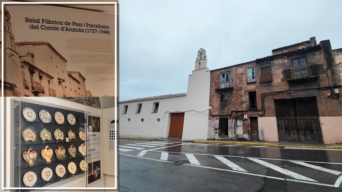 Parte de la fachada principal de la Real Fábrica y del edificio fundacional que se rehabilitará. A la izquierda, imagen original de la manufactura y varias de las piezas del Conde de Aranda, actualmente en el Museo de Cerámica.