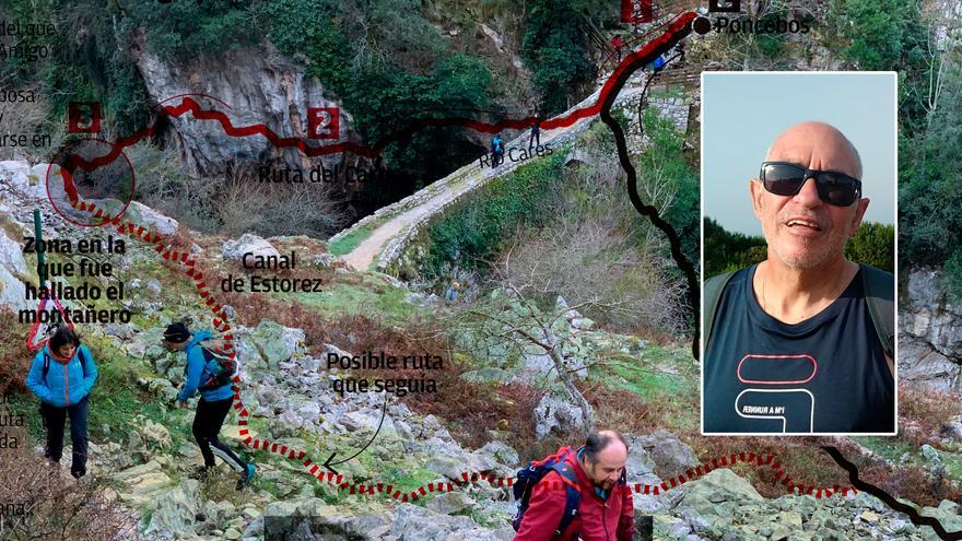 El cuerpo del gijonés fallecido en los Picos de Europa fue encontrado cerca de la Ruta del Cares, lejos de la senda donde se le buscaba