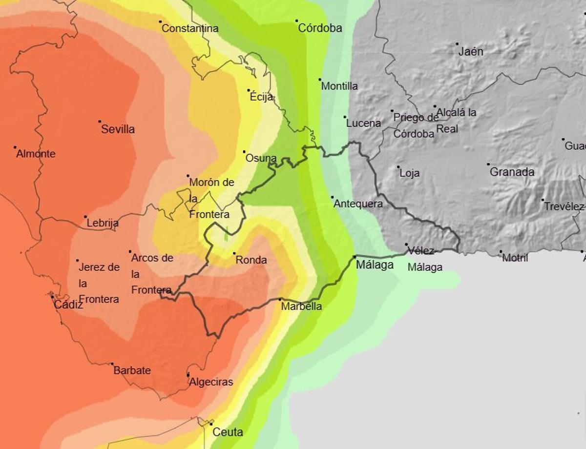 Mapa de porcentaje de probabilidad de lluvia de menos de 10 litros en la provincia de Málaga para este sábado.