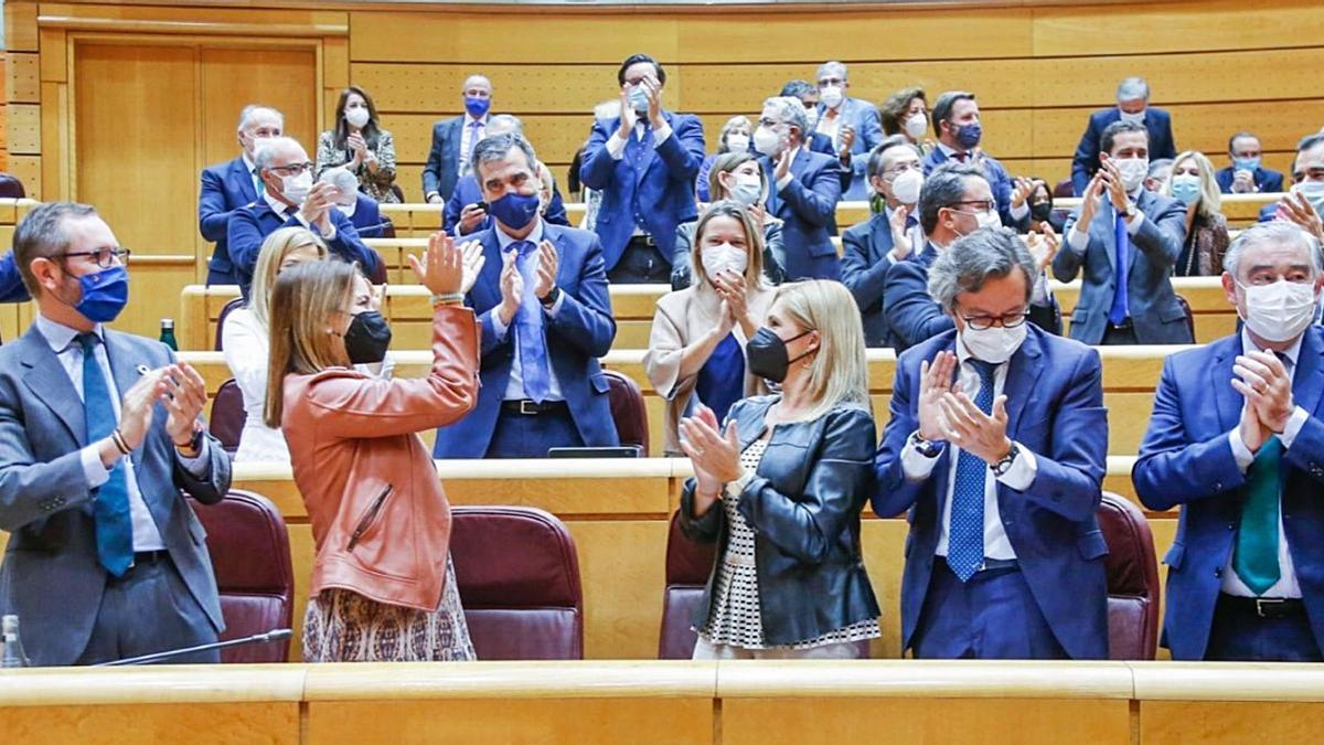 La presidenta del PP de Balears, Marga Prohens, ayer en el Senado aplaudiendo tras la votación que aprobaba tramitar el REB. | PP